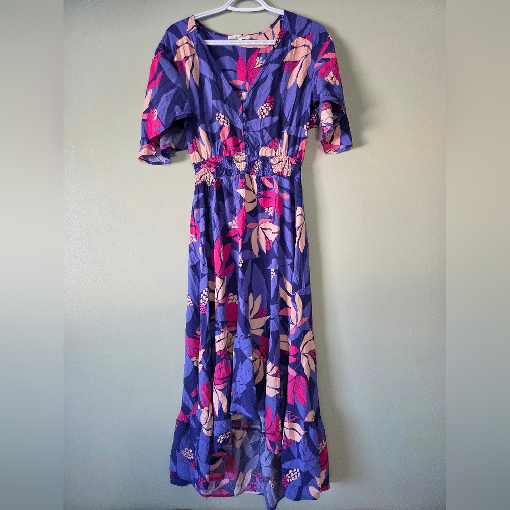Anthro(ATL) Purple+Pink Hi-Low Floral Flutter Sleeve Maxi Dress Sz L Boho-Chic - Picture 13 of 15